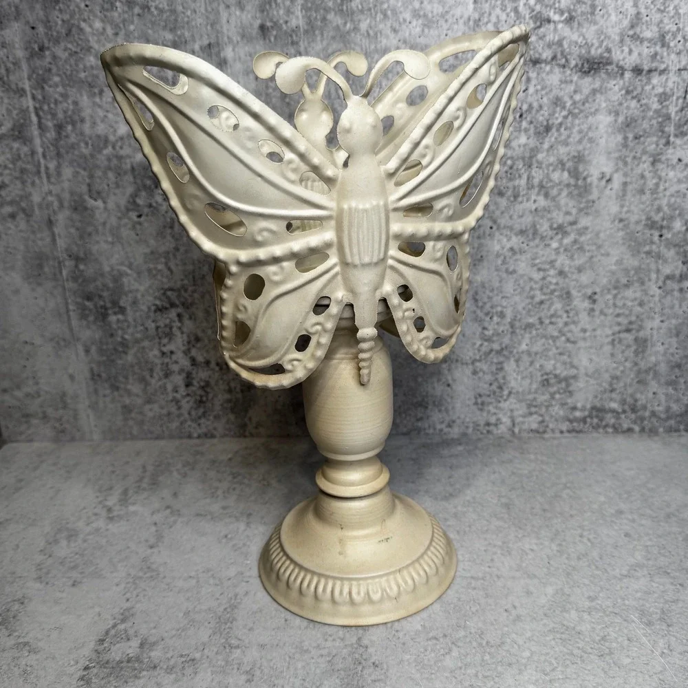 Cream Metal Butterfly Pillar Candle Holder Pedestal Distressed Shabby Chic